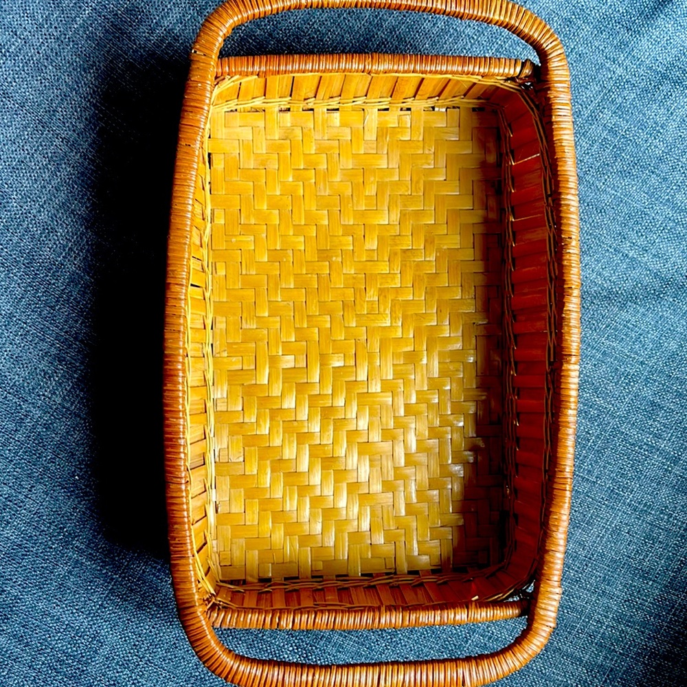 Orange Woven Braided Edge Rectangle Basket Tray With Handles Thin Wooden Decor